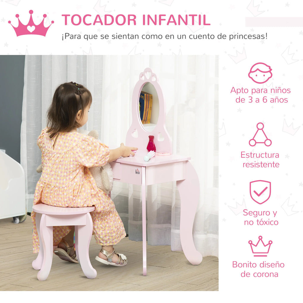 HOMCOM children's wooden dressing table for girls 3-6 years old mirror Stool 60x36x88cm