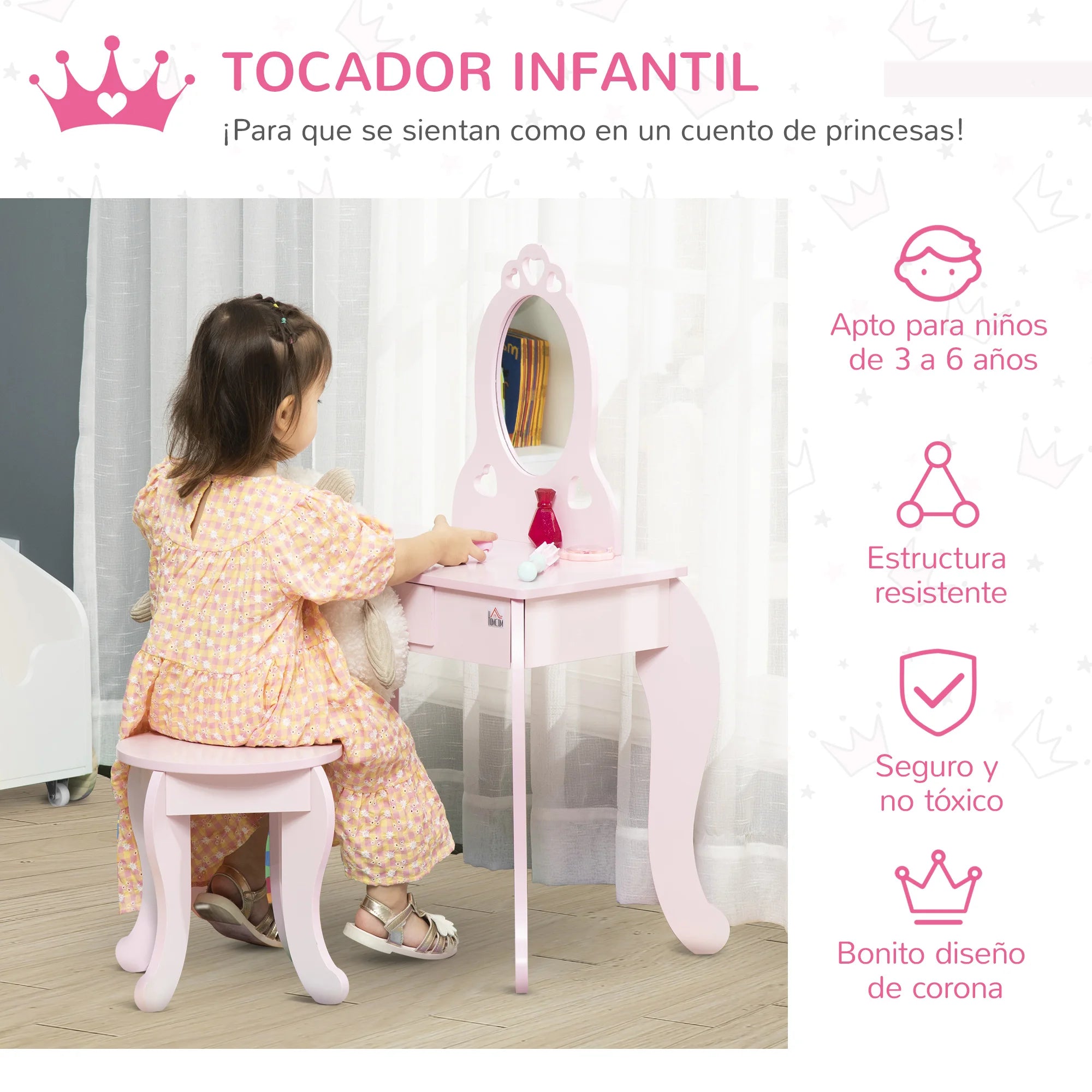 HOMCOM children's wooden dressing table for girls 3-6 years old mirror Stool 60x36x88cm