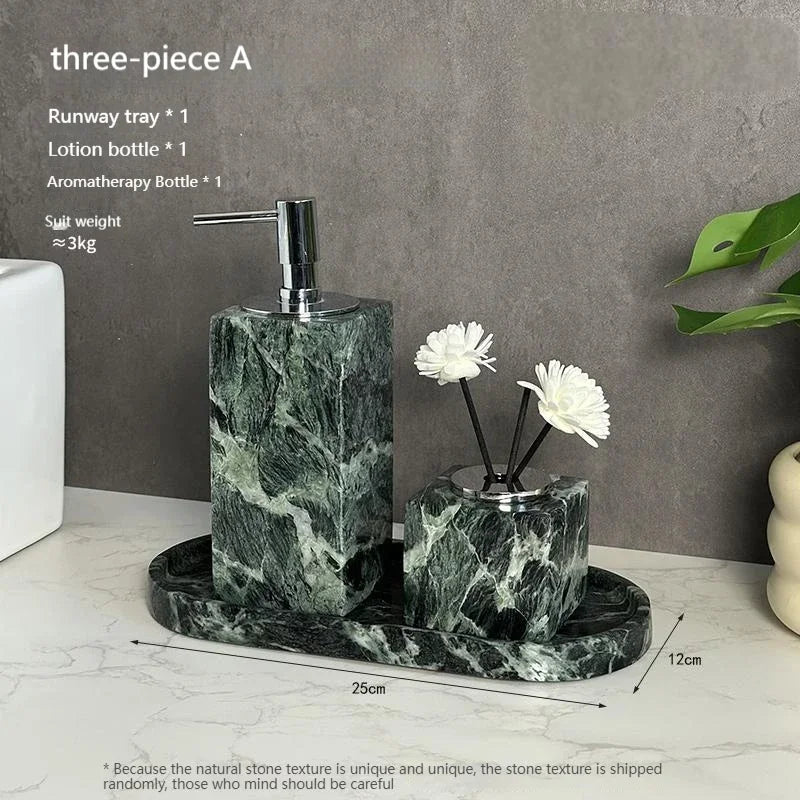 Luxury Marble Bath Set: Shampoo Bottles, Tray & Canister Organizer, Natural Stone Accessories for Home & Hotel Bathroom Decor