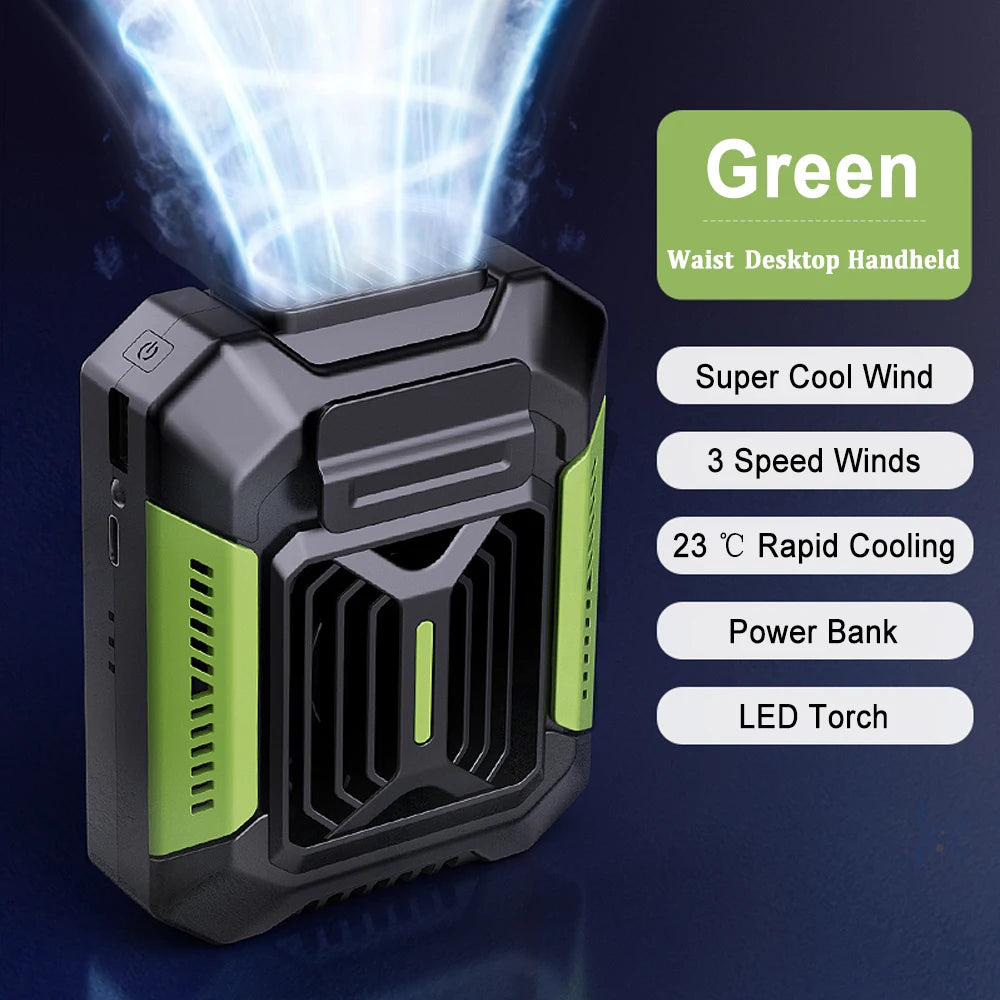 Outdoor Portable Waist & Neck Fan | USB Rechargeable with LED Light & Built-in Power Bank