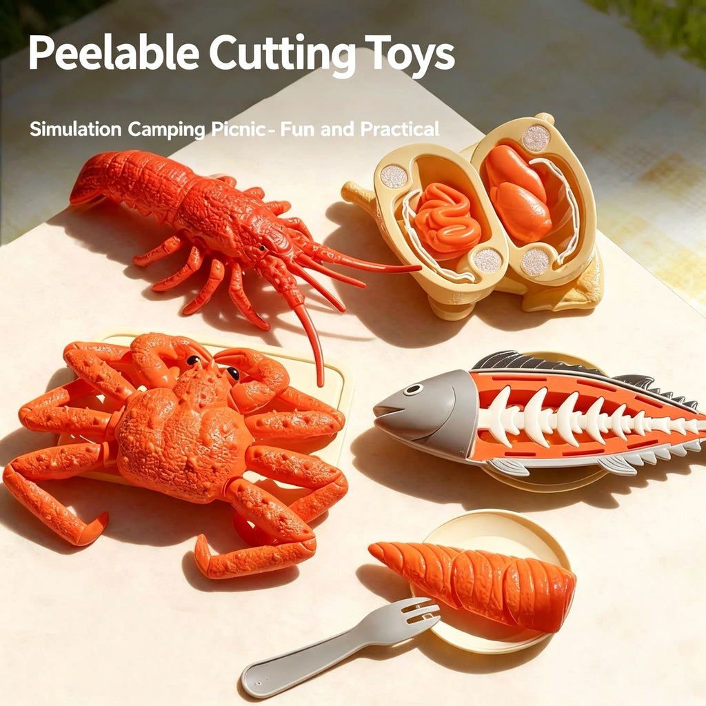 Kids Kitchen Toy Set Simulated Big Size Lobster Crab Fish Chicken Fun Cutting Food DIY Assembly Model Accessories Birthday Gifts