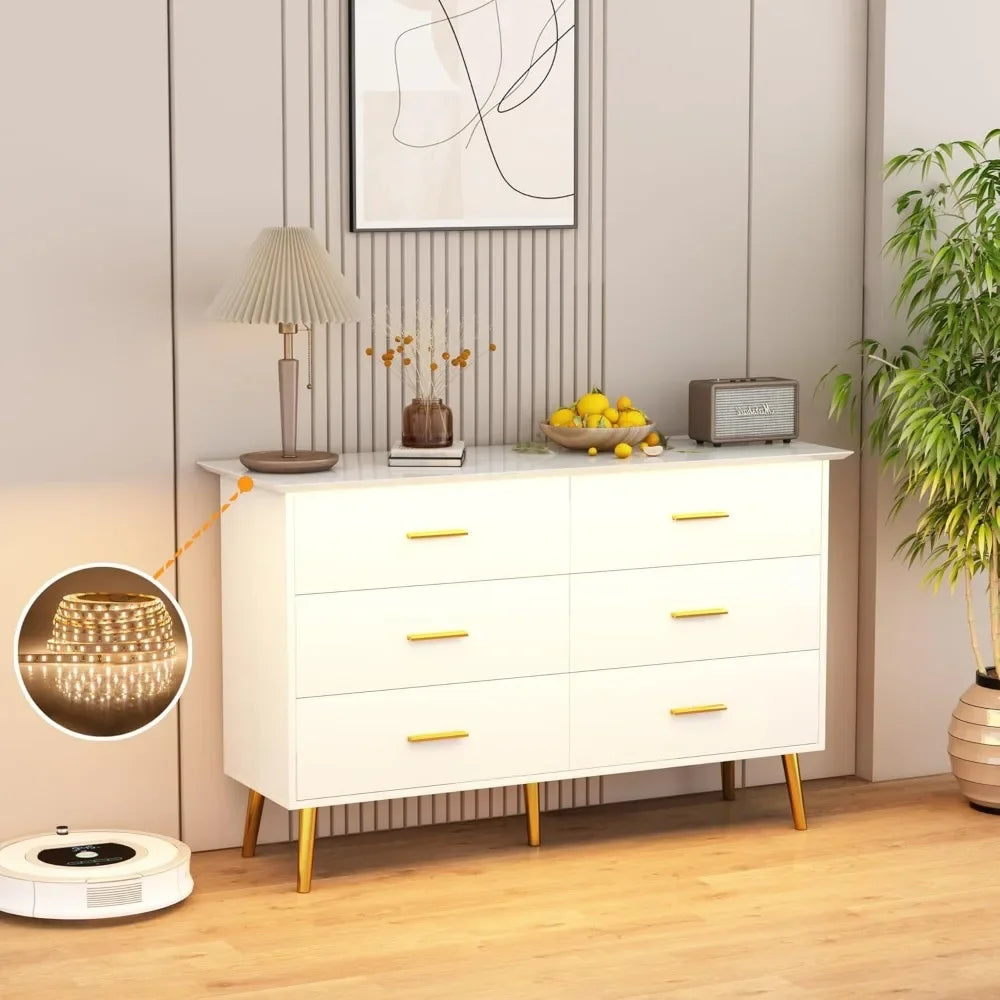 White Dresser for Bedroom with 6 Drawers, Dresser, Wood Dressers Chest of Drawers with Gold Handles, Modern LED Bedroom Dresser