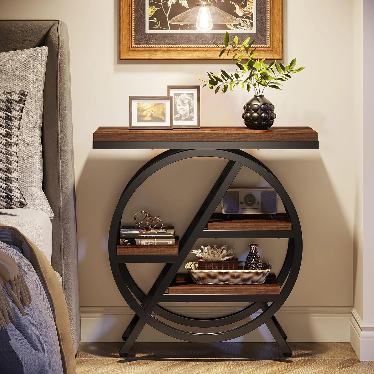3-Tier Narrow Side Table with Storage, Wood Sofa Side Table with Geometric Metal Frame, Nightstand  for Bedroom, Living Room