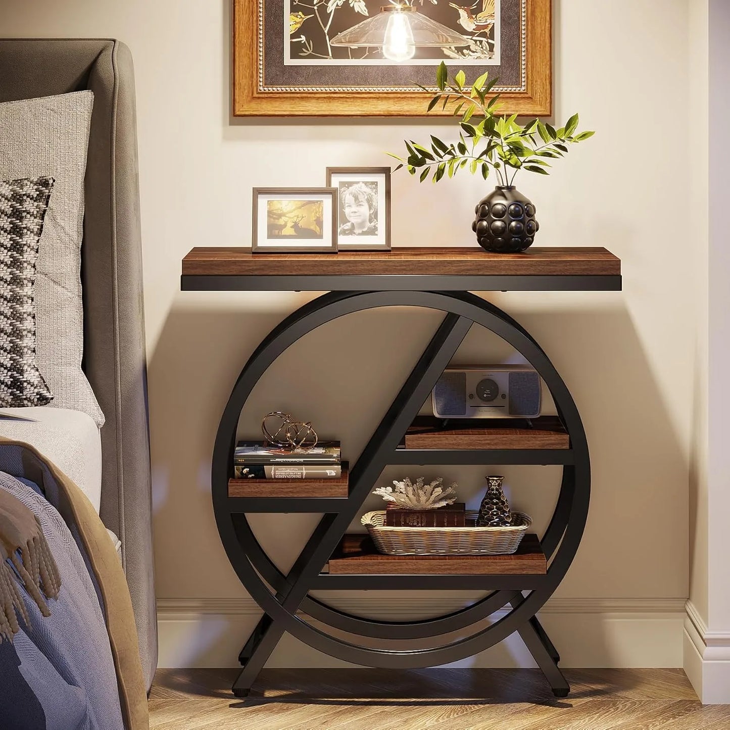 3-Tier Narrow Side Table with Storage, Wood Sofa Side Table with Geometric Metal Frame, Nightstand  for Bedroom, Living Room