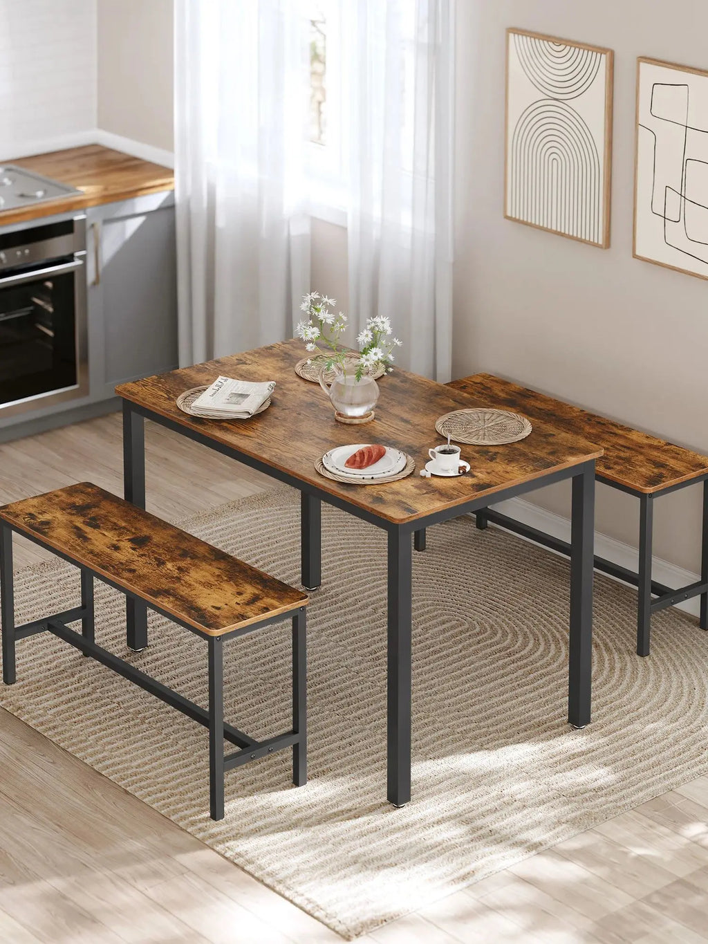VASAGLE Dining Group, (set, 3 PCs), Kitchen Table 70x110x75 cm, 2 benches each 30x97x50 cm