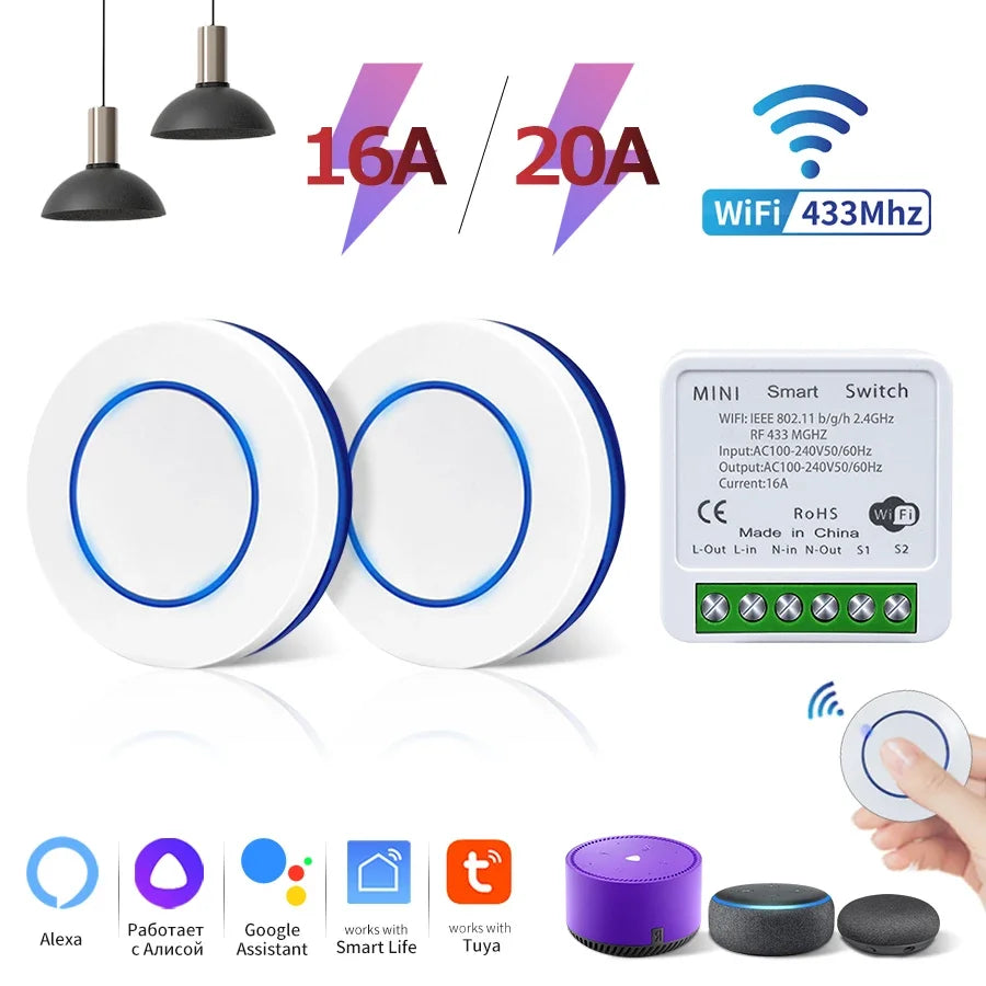 Tuya WiFi Smart Switch 16A 20A 100-240V Relay Controller RF433Mhz Wireless Remote Control Mini Round Panel Switch For LED Lamp