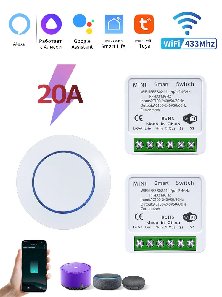Tuya WiFi Smart Switch 16A 20A 100-240V Relay Controller RF433Mhz Wireless Remote Control Mini Round Panel Switch For LED Lamp
