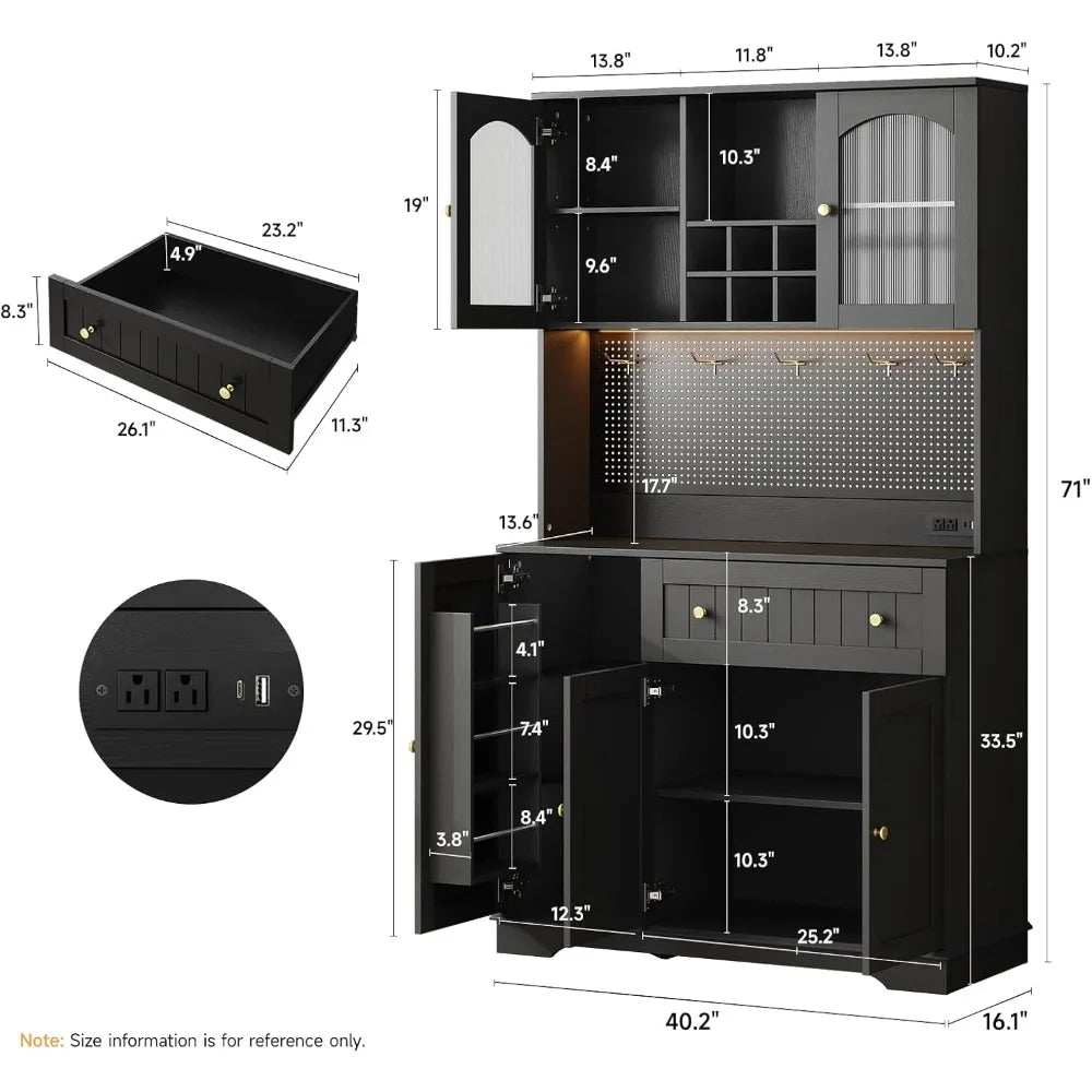 71" Kitchen Pantry Cabinet with Microwave Shelf & Door Shelves, Kitchen Hutch with Outlet & LED Light, Wood Pantry Storage