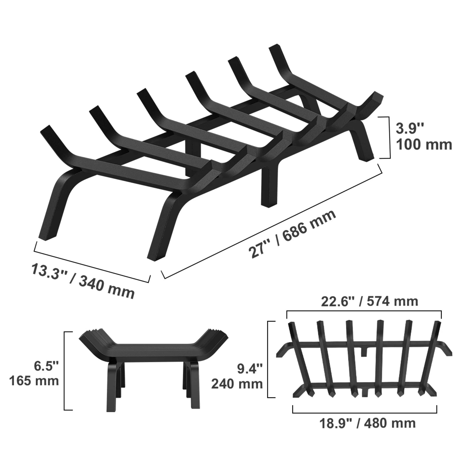 VEVOR Fireplace Log Grate Fireplace Grate with 6 Legs 3/4’’ Solid Powder-coated Steel Bars Log Firewood Burning Rack Holder