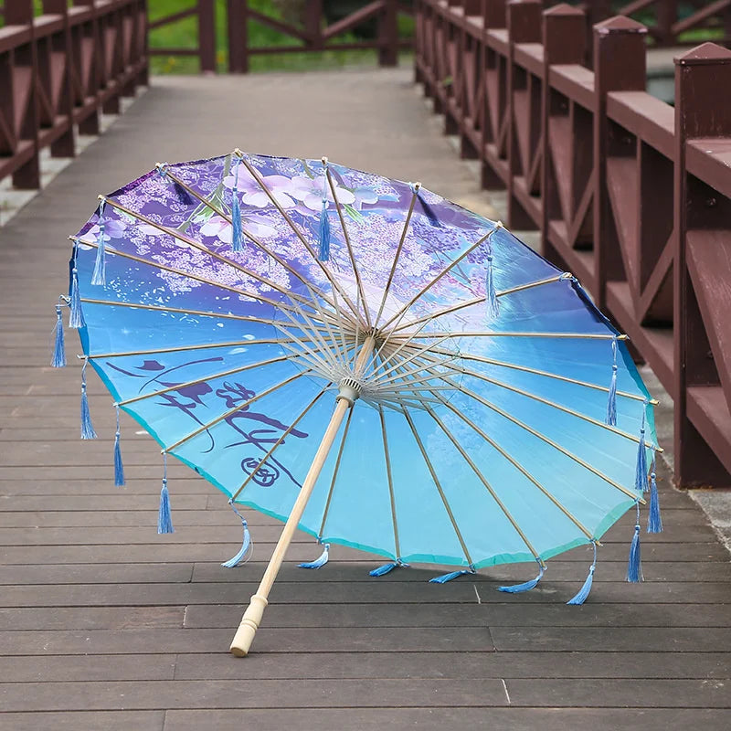 82cm Pink Flowers Silk Decorative Umbrella Han Cos Props Tassel Umbrella Ancient Chinese Classic Oil Paper Parasol