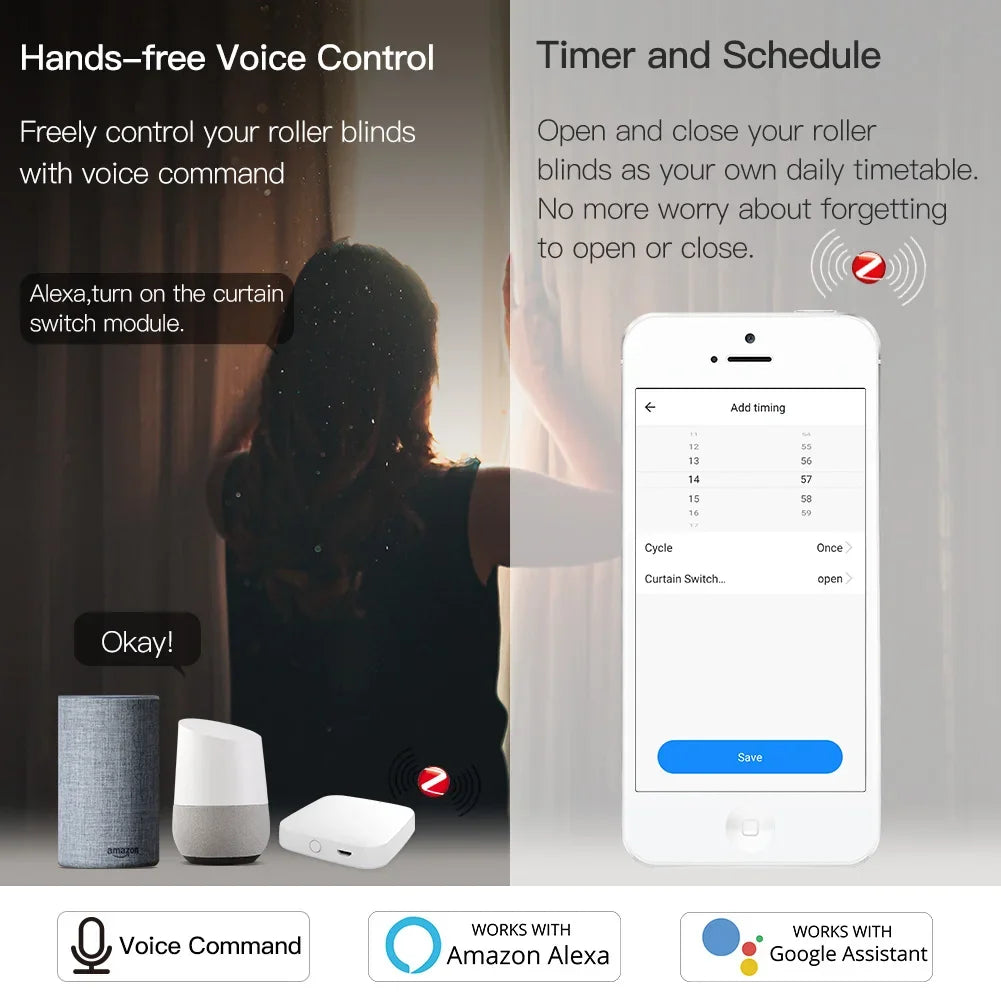 MoesHouse DIY ZigBee Smart RF433 Curtain Switch Module  for Motorized Roller Blinds Motor 2MQTT Smart Life APP Alexa Google Home