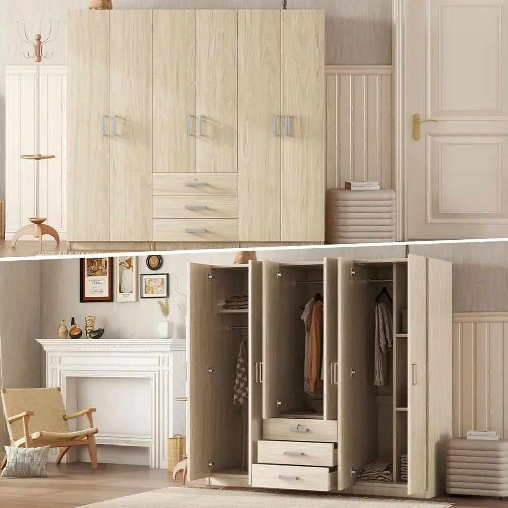 Large Wardrobe Closet 6 Doors, 70.9" W Wooden Wardrobe Cabinet with Big Drawers, Bedroom Armoire Dresser Wardrobe Clothes Organi