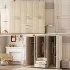 Large Wardrobe Closet 6 Doors, 70.9" W Wooden Wardrobe Cabinet with Big Drawers, Bedroom Armoire Dresser Wardrobe Clothes Organi