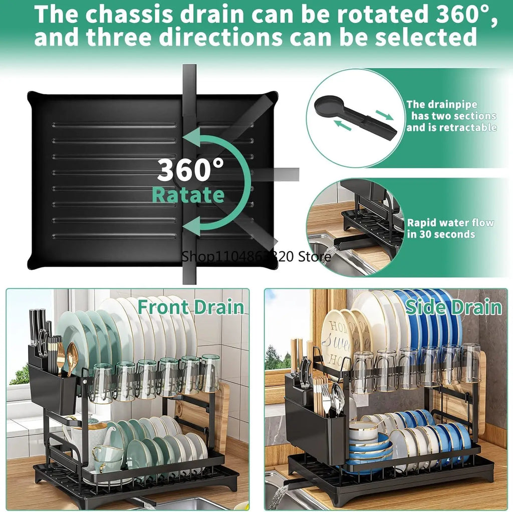 Kitchen countertop 2-tier dish drying rack, kitchen countertop dish drainer with drip tray, metal kitchen dish rack with drip tr