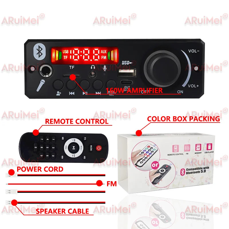 ARuiMei 160W 2 * 80W Amplifier Board Bluetooth 5.0 MP3 Decoder USB/TF/FM Car Stereo 8-24V Call Recording Folder Switching
