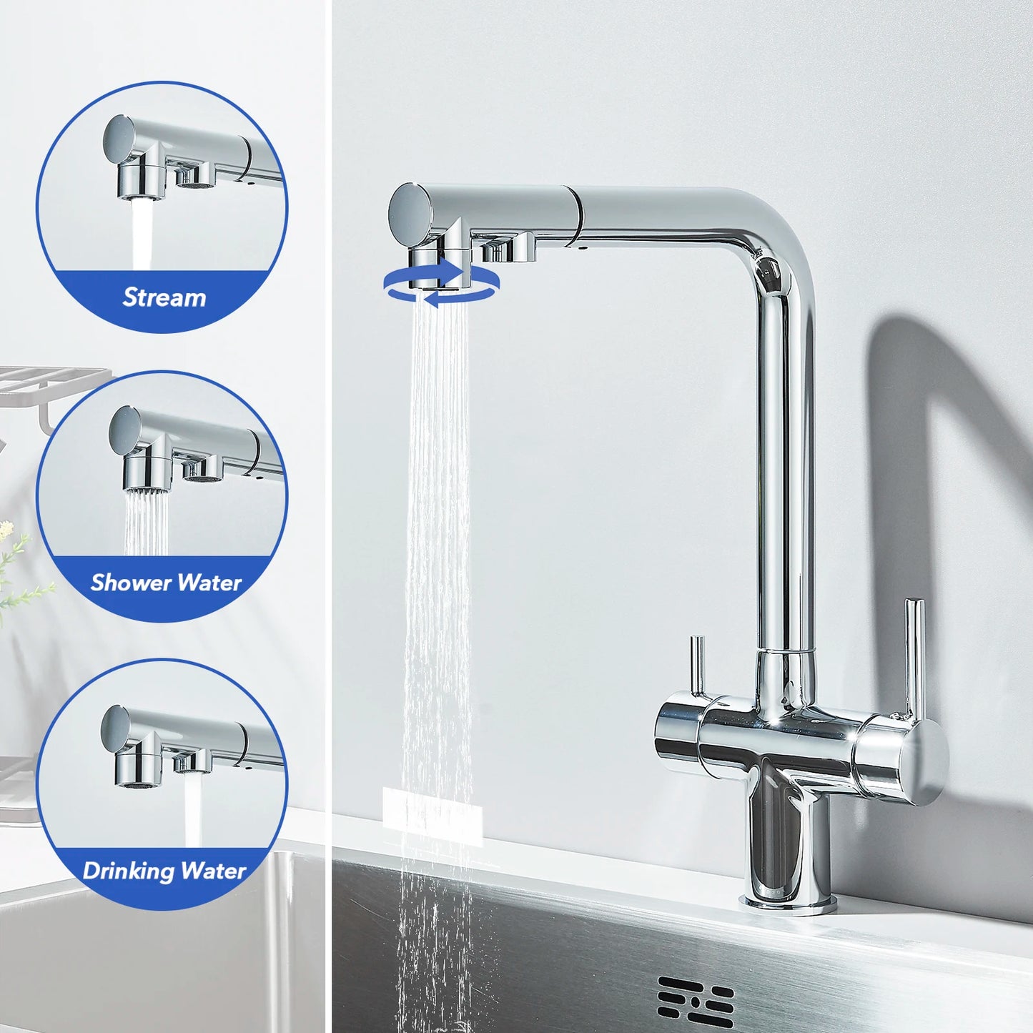 Matte Black Pulling Filter Kitchen Faucet Hot & Cold Water Mixer Dual Mode Filtration Purification Kitchen Sinks 360 Rotation