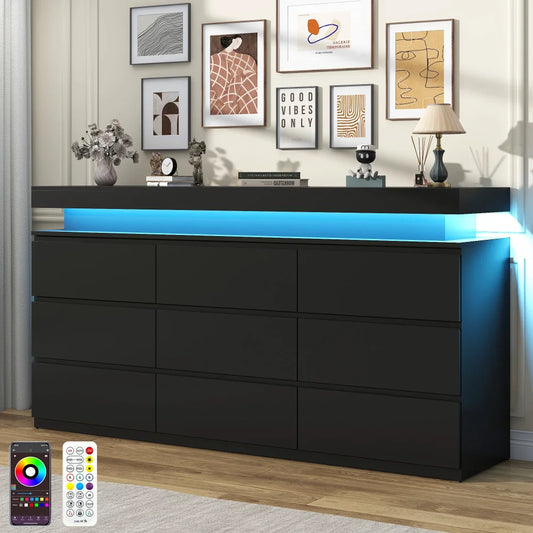9 Drawer Dresser with LED Lights, 63" Wide Modern Wood Chest of Drawers Handle Free, LED Black Dresser for bedroom, Living Room