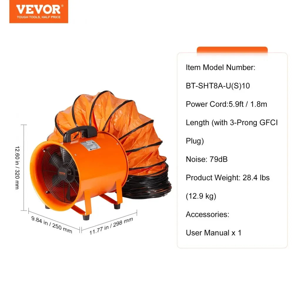 VEVOR Portable Ventilator 12 inch Cylinder Fan with 33/16.4ft Hose 585W 3198CFM Industrial Utility Blower for Sucking Dust Smoke