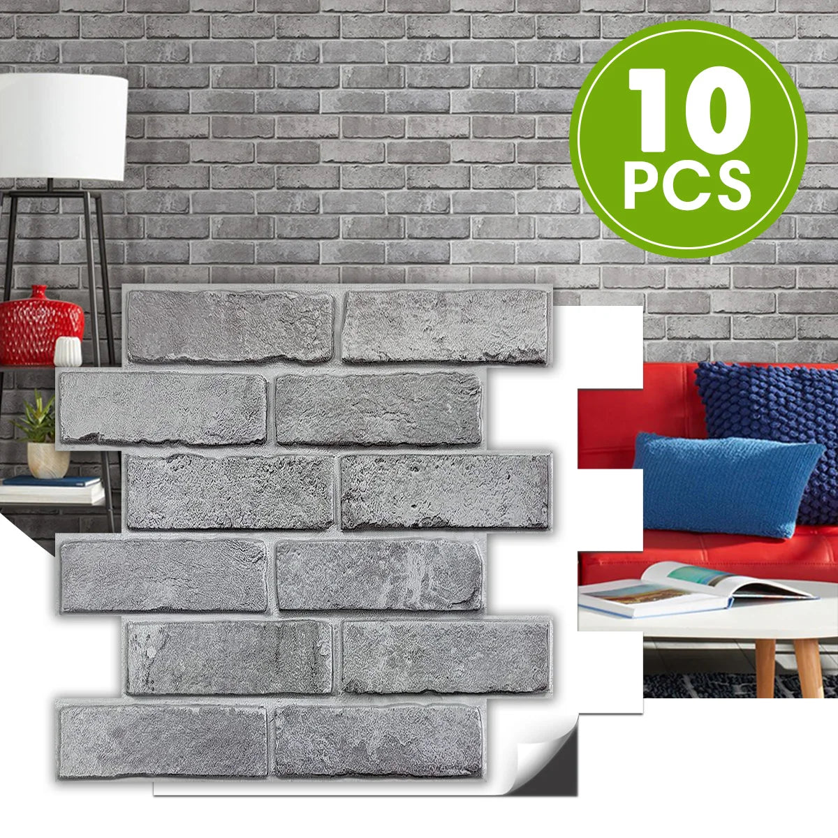 10pcs 3D Natural Grey Faux Brick Peel and Stick Wall Tile,Wall Stickers Living Room,Backsplash Self Adhesive,Wall Decor