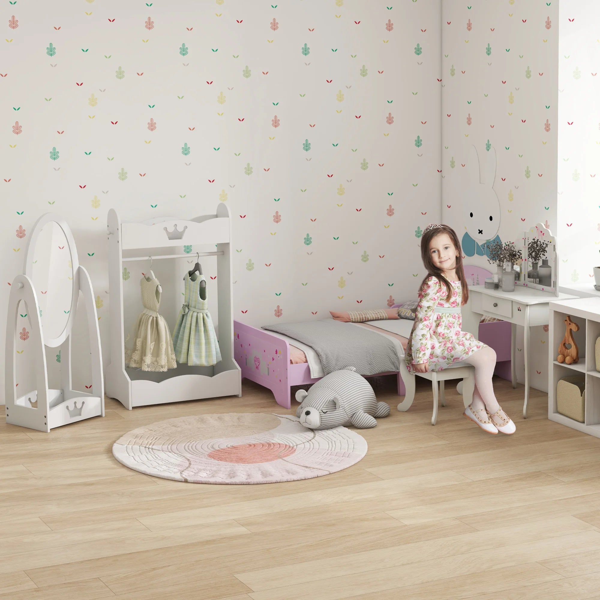 HOMCOM Kids Vanity Table & Stool Girls Dressing Set Make Up Desk with Rotatable Mirrors Drawer Star & Heart Pattern White