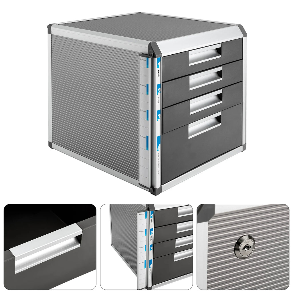 Silver Metal Drawer Box Lockable 4 Compartments DIN A4 Aluminium Alloy Document Storage Box Robust Organiser Box Document Box
