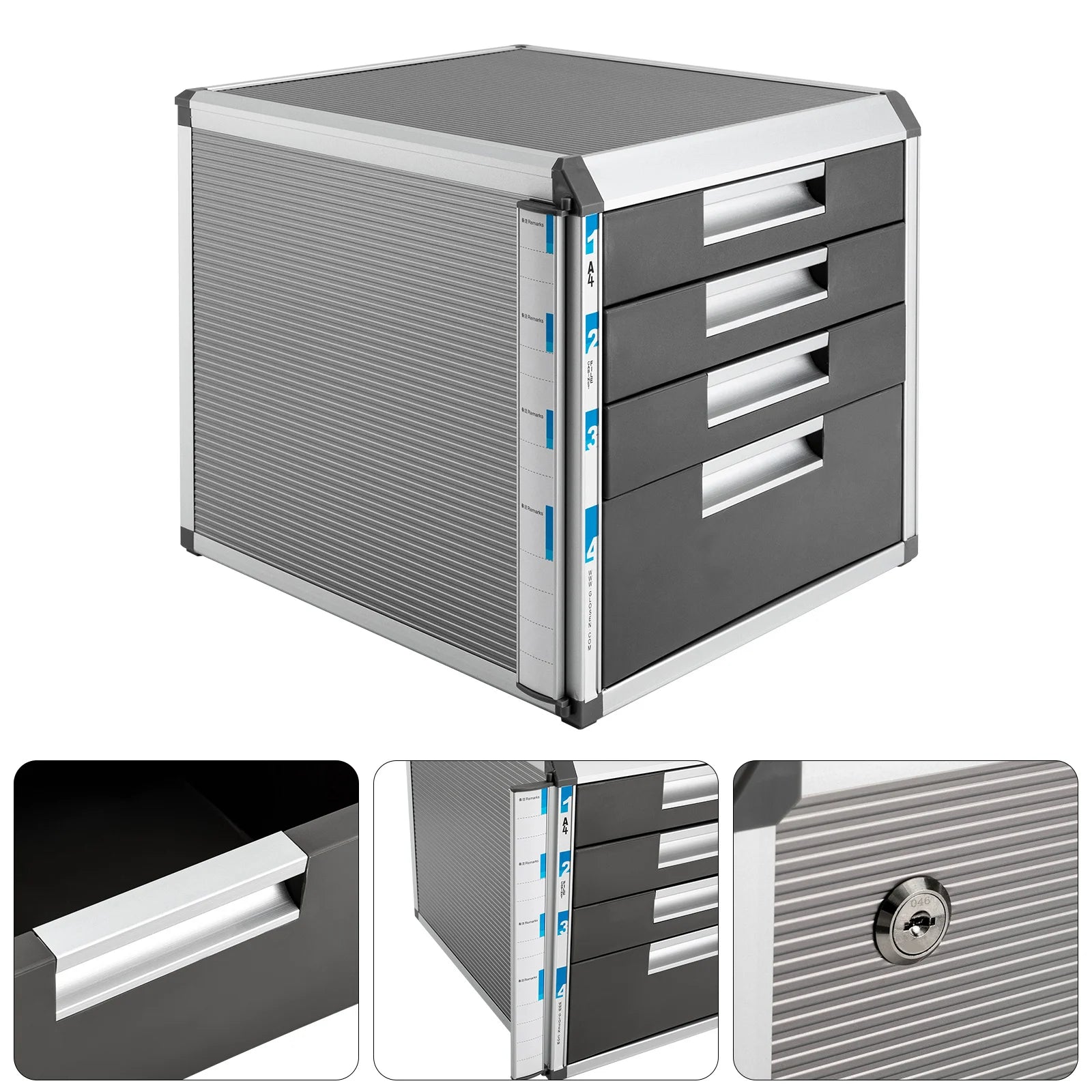 Silver Metal Drawer Box Lockable 4 Compartments DIN A4 Aluminium Alloy Document Storage Box Robust Organiser Box Document Box