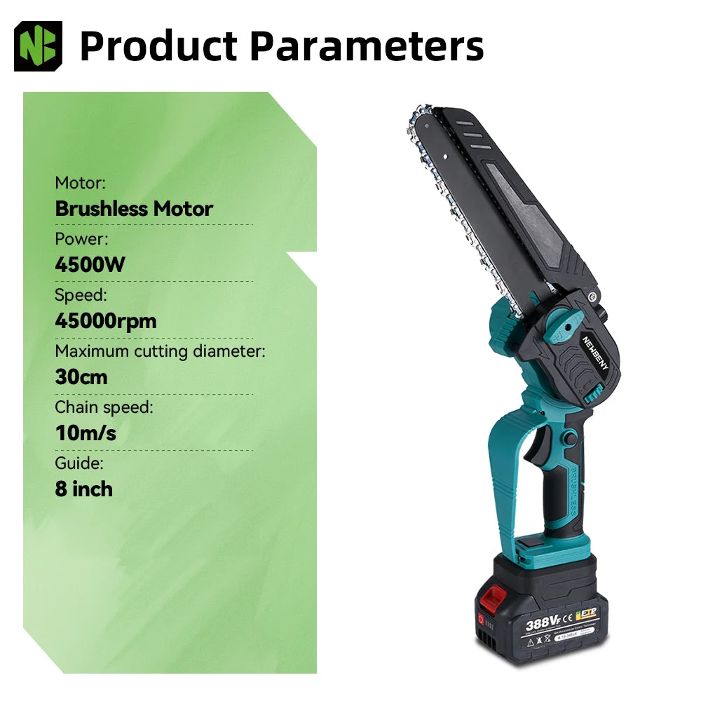NEWBENY 8 Inch Brushless Electric Chainsaw with Oil Cordless Garden Pruning Chainsaw Woodworking Tool For Makita 18V Battery Pin