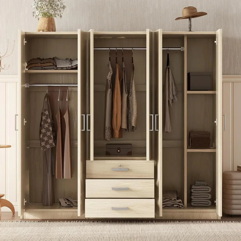 Large Wardrobe Closet 6 Doors, 70.9" W Wooden Wardrobe Cabinet with Big Drawers, Bedroom Armoire Dresser Wardrobe Clothes Organi