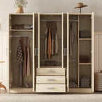 Large Wardrobe Closet 6 Doors, 70.9" W Wooden Wardrobe Cabinet with Big Drawers, Bedroom Armoire Dresser Wardrobe Clothes Organi