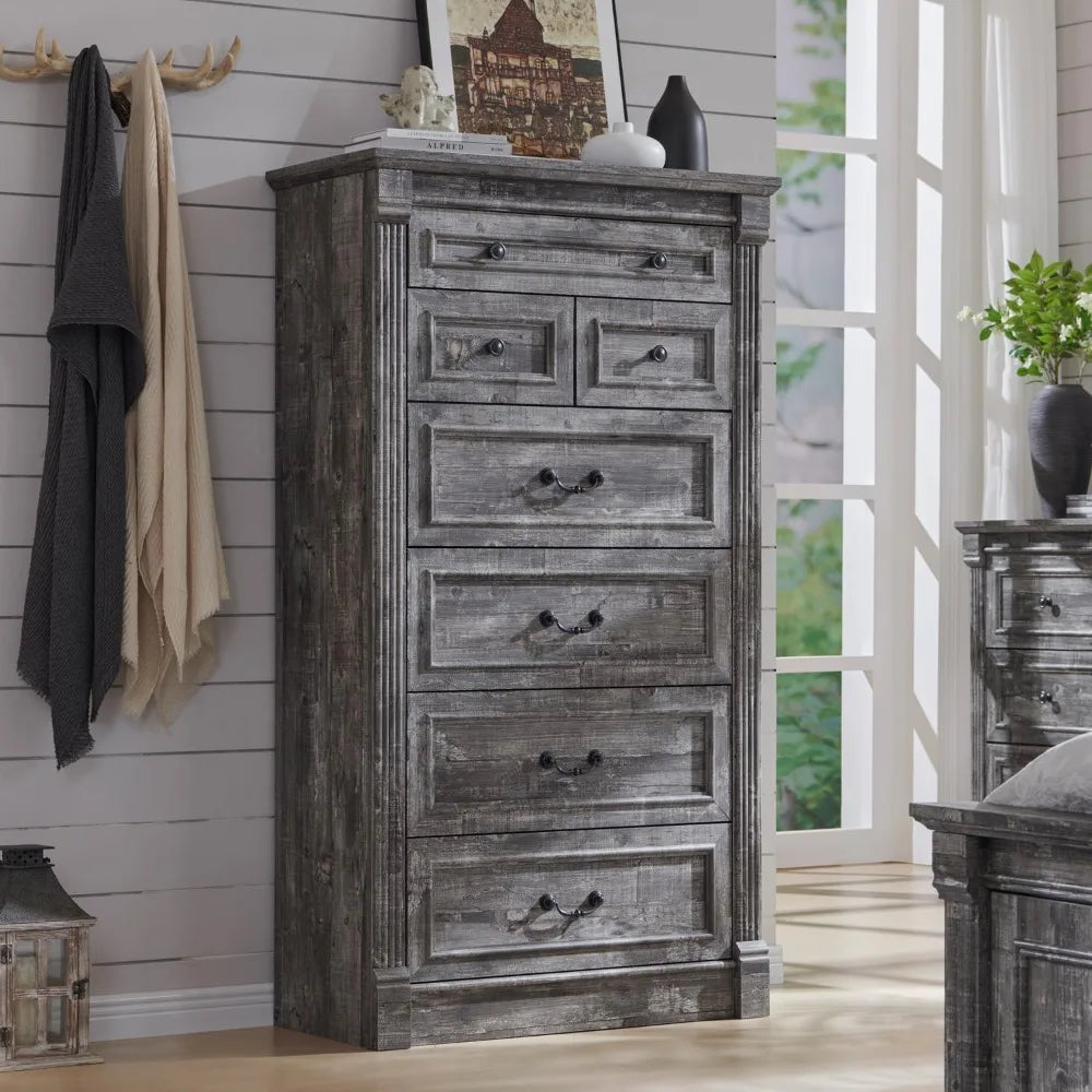 Farmhouse 7 Drawers Dresser for Bedroom, 57" Tall Large Dressers & Chests of Drawers w/Roman Column, Storage Dressers Organizer