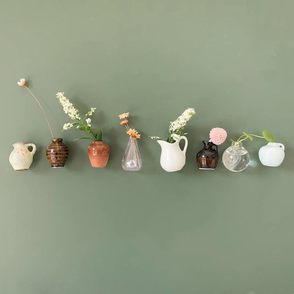 3-14pcs Set Mini Ceramics Vase Fridge Magnets Label Mini Bonsai Magnet Button Potted Simulation Flower Vase Refrigerator Message