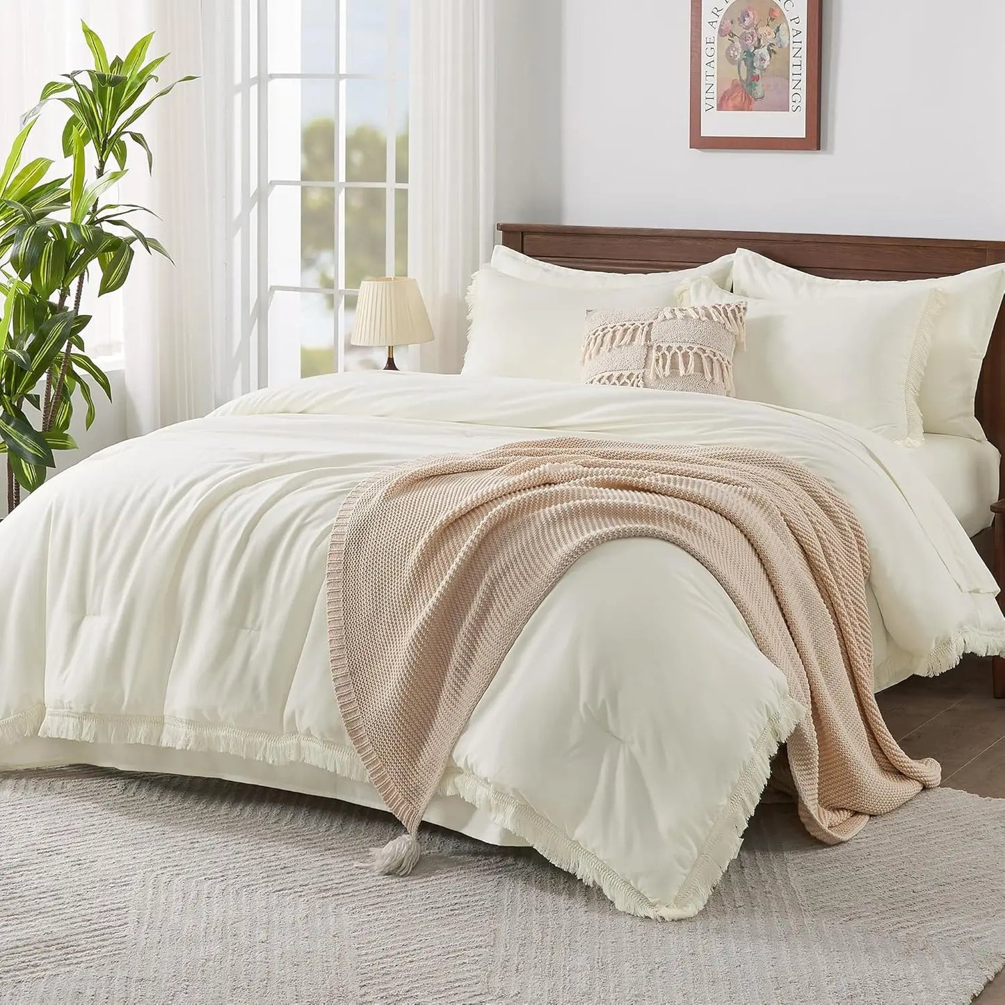 Comforter Set King Size, with Sheets 7 Pieces Boho Tassel Bed in a Bag Soft Lightweight Bedding Sets, All Season Fringe Bed Set