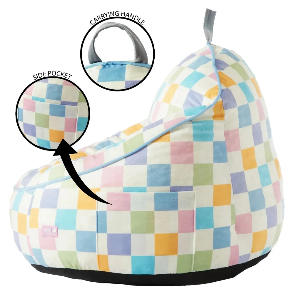 Compressed Foam Bean Bag Chair for Kids, Rainbow Checkerboard