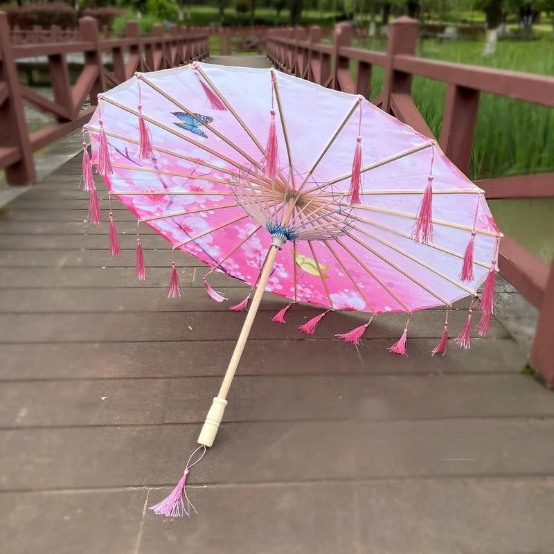 82cm Pink Flowers Silk Decorative Umbrella Han Cos Props Tassel Umbrella Ancient Chinese Classic Oil Paper Parasol