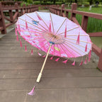 82cm Pink Flowers Silk Decorative Umbrella Han Cos Props Tassel Umbrella Ancient Chinese Classic Oil Paper Parasol