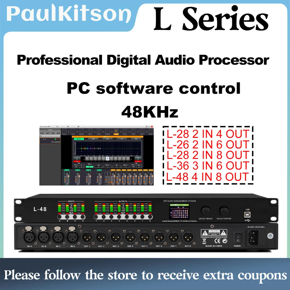 Paulkitson L-48 Professional Digital Audio Processor 4 IN 8 OUT 32-bit DSP Audio Speaker Management System Stage Performance