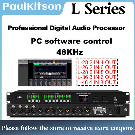 Paulkitson L-48 Professional Digital Audio Processor 4 IN 8 OUT 32-bit DSP Audio Speaker Management System Stage Performance