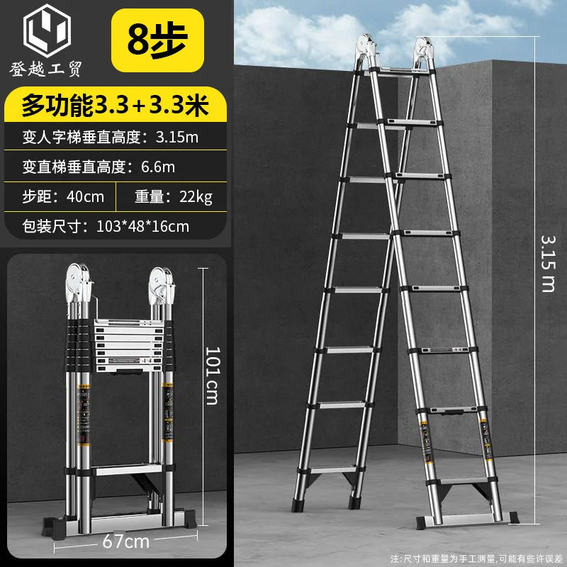 Telescopic ladder Multifunctional stainless steel herringbone walking ladder Folding lift straight ladder Thickened engineering