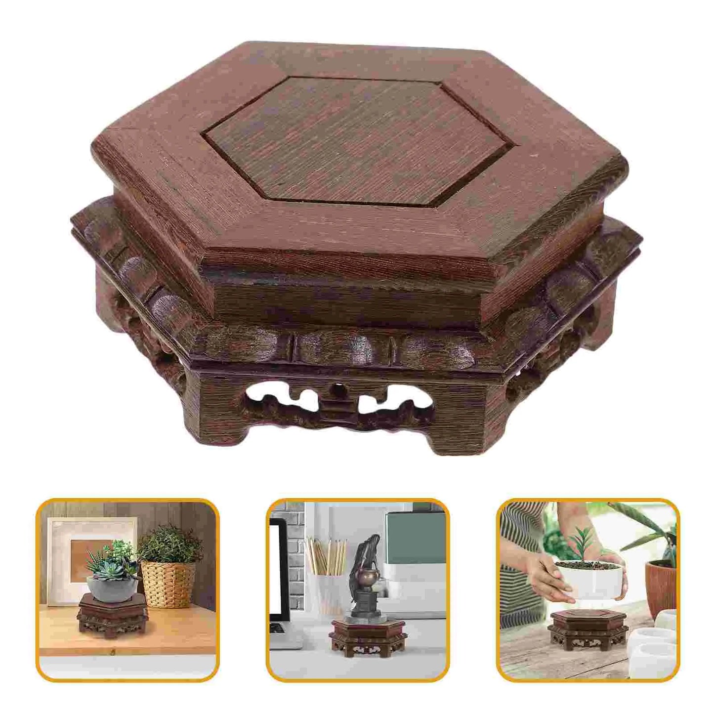 Small Size Solid Wood Base Hexagonal Wooden Plant Stand Potted Plant Riser Indoor Plant Holder Vase Display Stand Fish Bowl