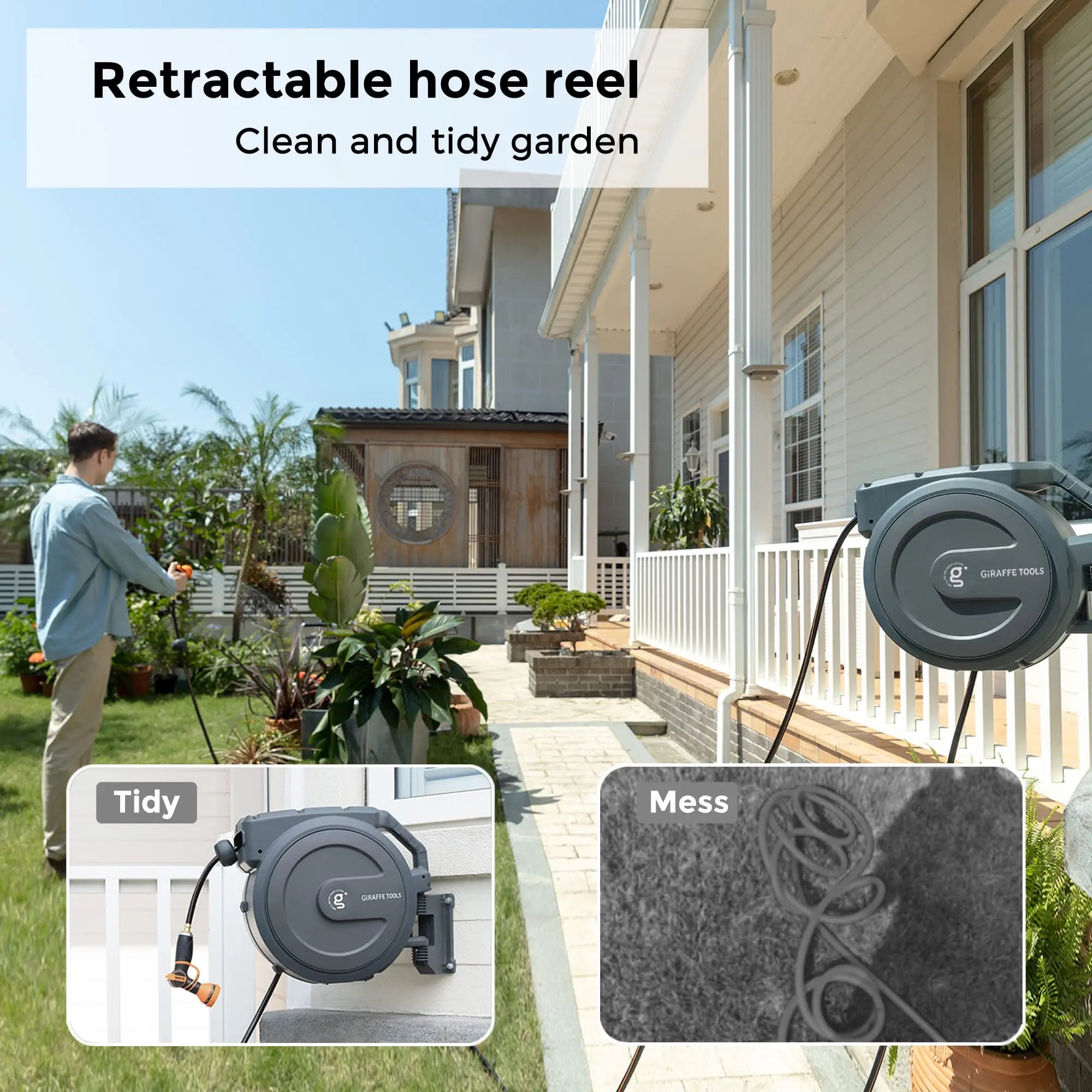 Giraffe Tools AW30 Garden Hose Reel Retractable 1/2" x 100 ft Wall Mounted Water Hose Reel