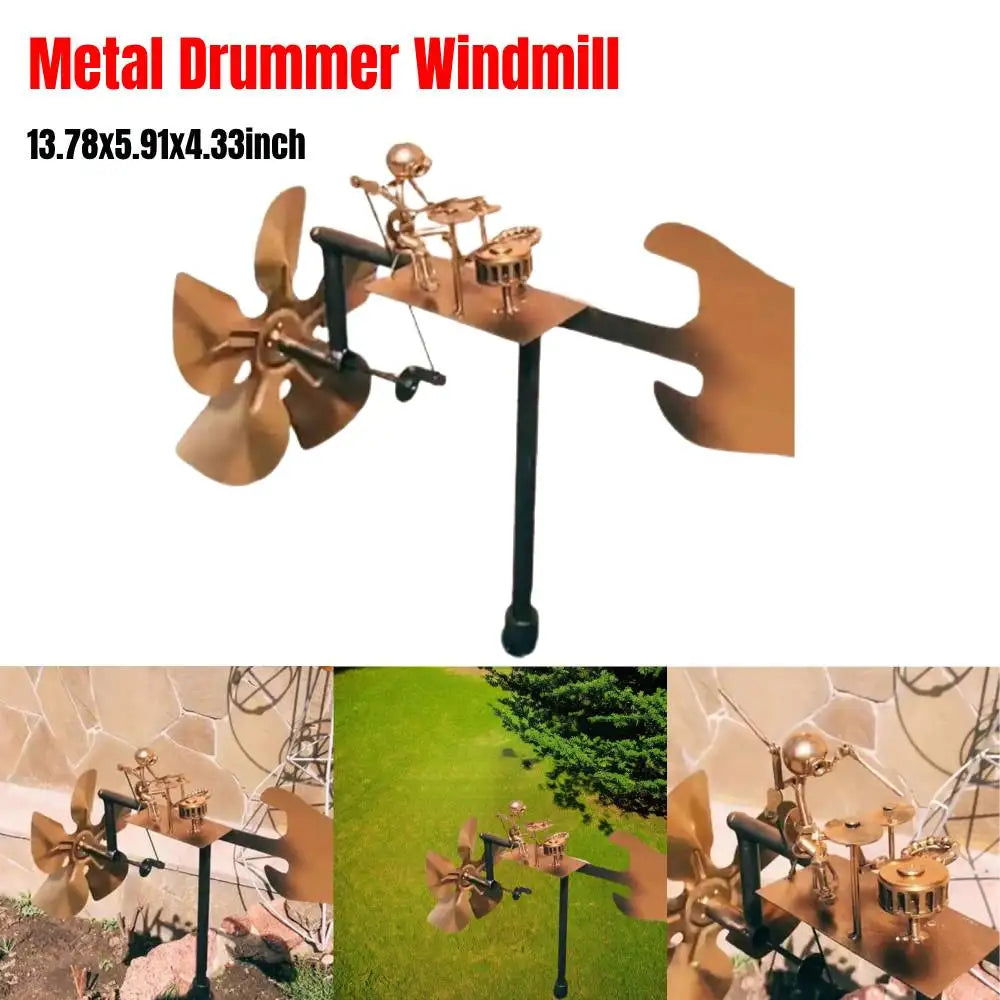 Metal Wind Spinner Handmade Metal Drummer Windmill Statue Rust-proof DIY Decorative Wind Power Rock Art Statue for Yard Garden