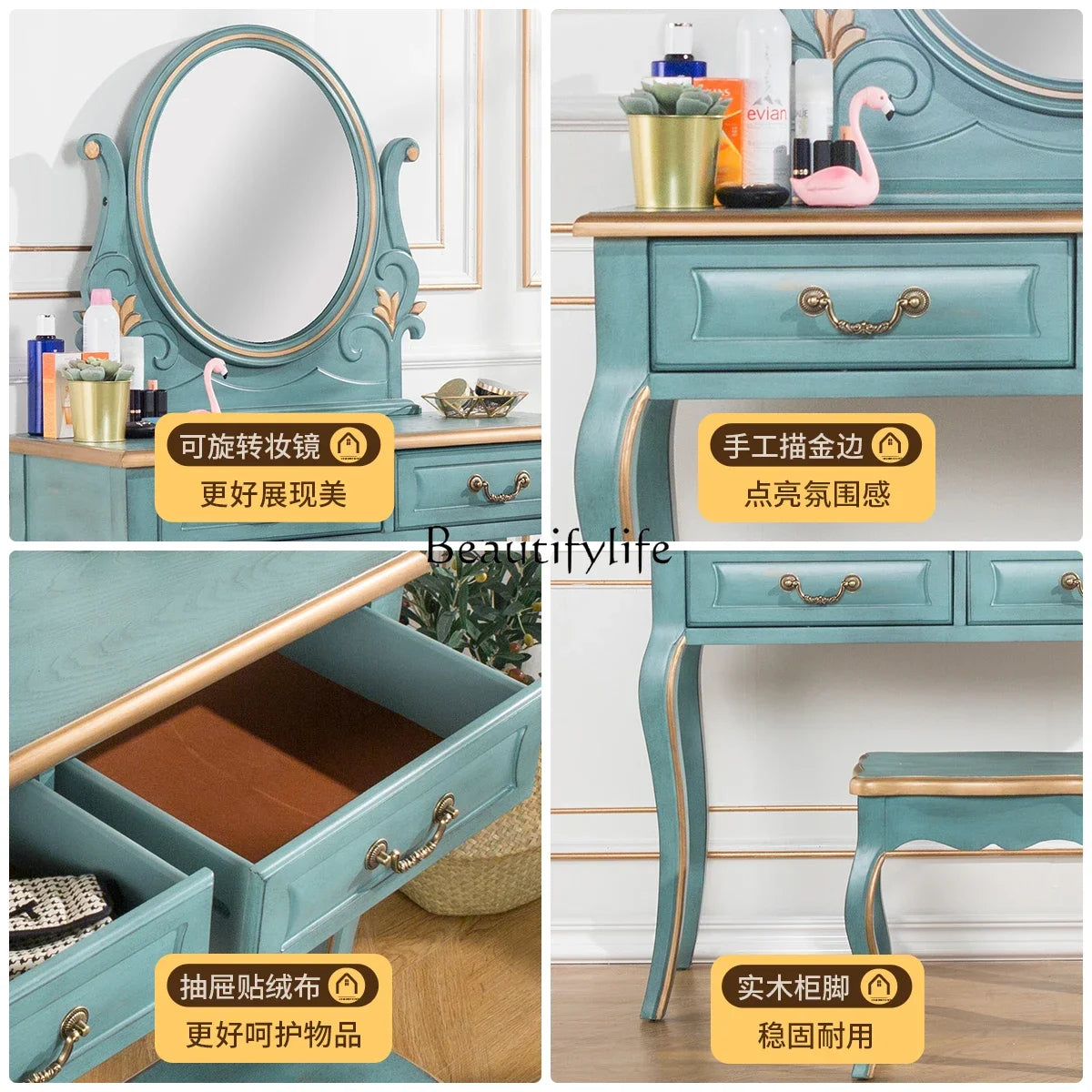 FG11American dresser retro Mediterranean style end of bed with mirror beauty table and chairs European style