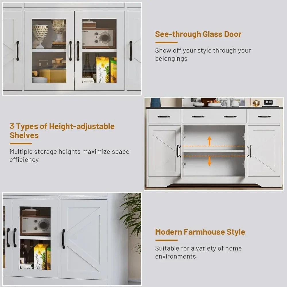 Sideboard Buffet Cabinet with Storage, 55" Kitchen Coffee Bar Cabinet with 3 Drawers & Glass Doors, Farmhouse Sideboard Buffet