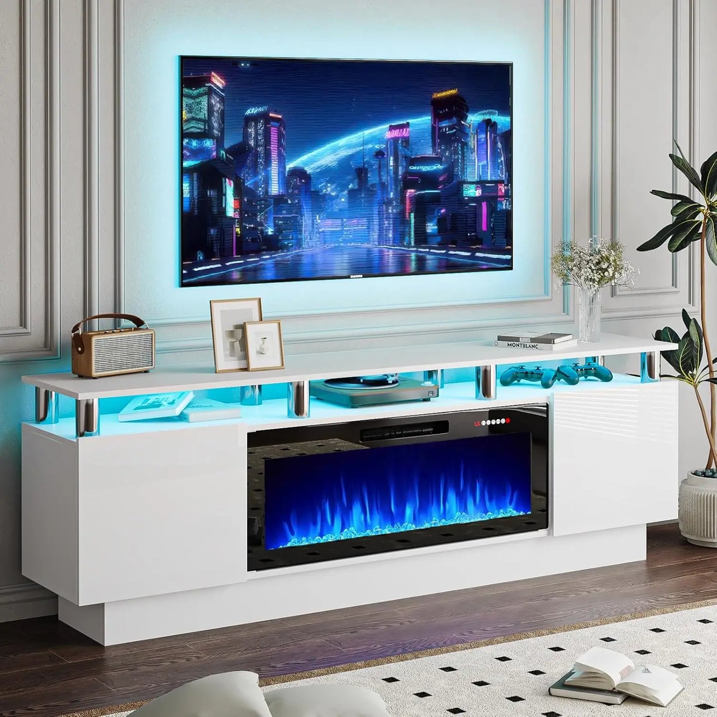 70" Fireplace TV Stand with 36" Electric Insert & LED Lights, Fits 80" TVs | AlluCanFind