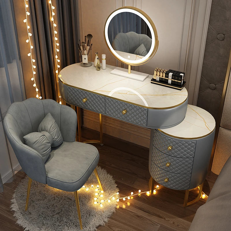 Nordic vanity chair white bedroom LED light Dresser storage cabinet makeup Dressing table light mirror stool bedroom furniture