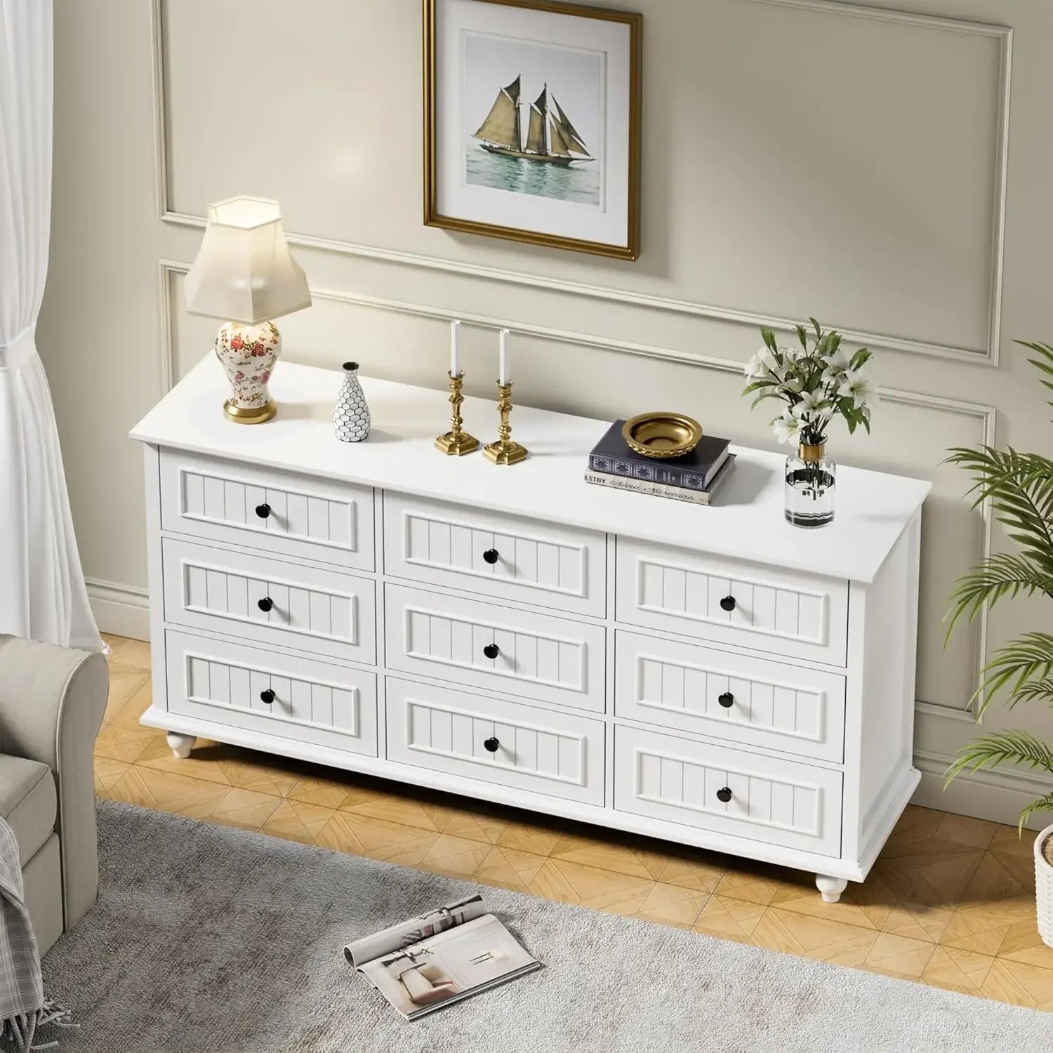 Scurrty White 9 Drawer Dresser, Antique Chest of Drawers,Large Cabinet with Storage, Big Dresser for Clothes in Bedroom