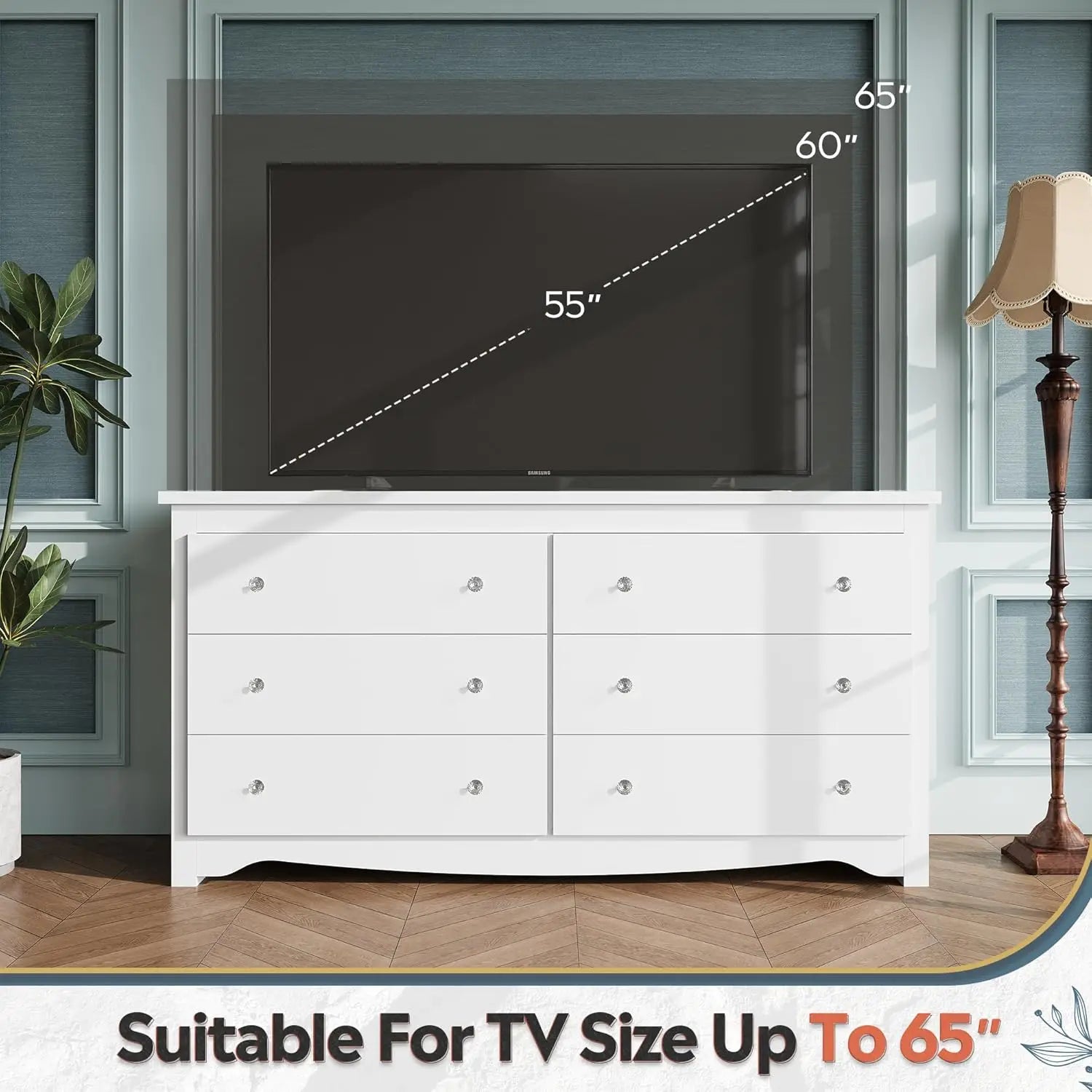 Wood White Dresser with 6 Drawer, Wide Chest of Drawers for Bedroom, Long Nightstand with Drawers