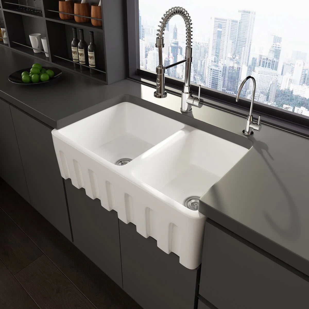 Farmhouse sink 33 inch kitchen sink double bowl 60/40 white ceramic refractory clay kitchen farm sink two pots