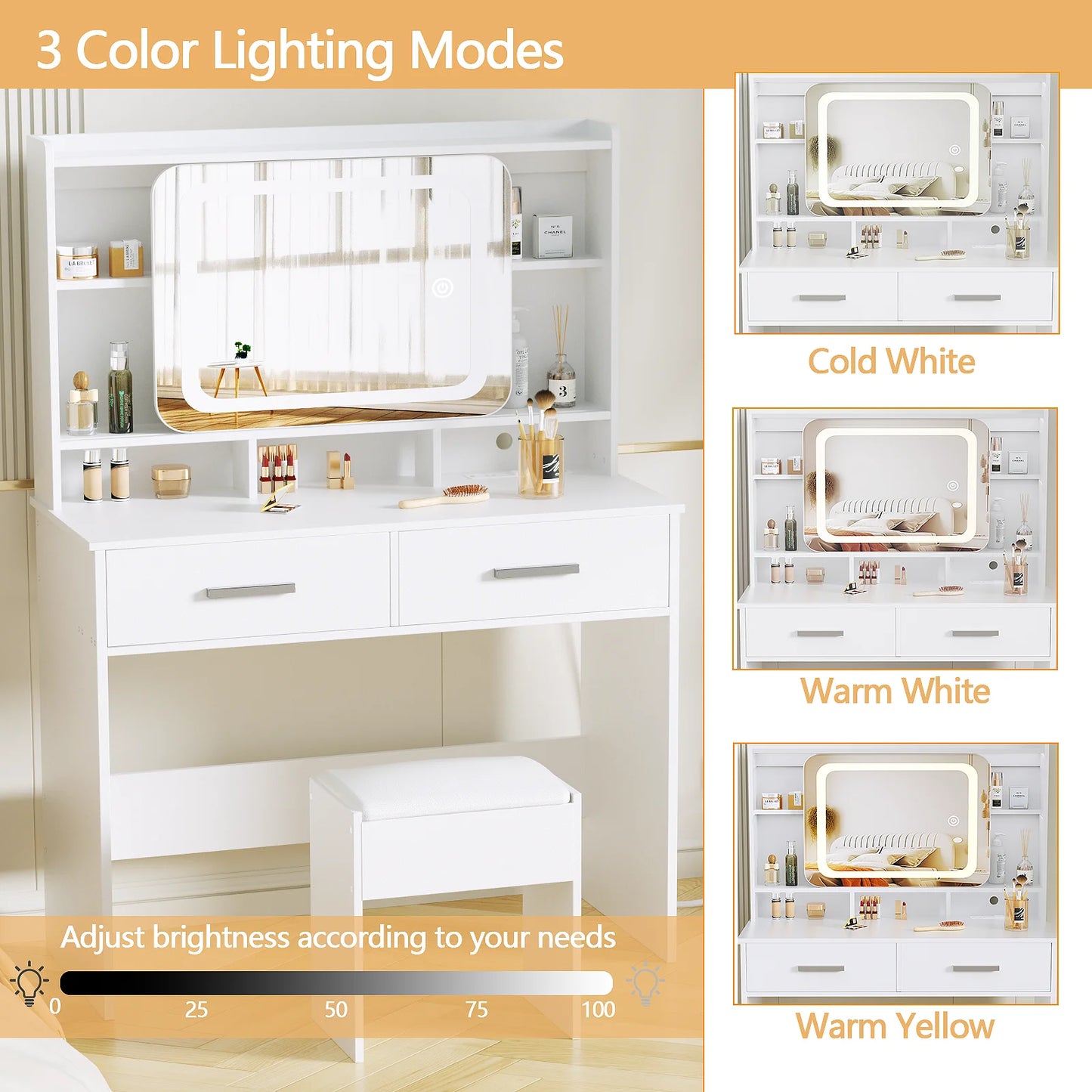 TAYAO White Vanity Desk with LED Lights Mirror Power Outlet and Chair 3 Lighting Modes 2 Drawers, 2 Shelves and Cushioned Stool