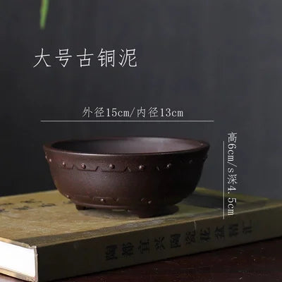 Ceramic Circle Drum-nail Pattern Bonsai Pot, Purple Sand,Traditional Chinese Dormitory Room Table, Garden Decoration, Home Table